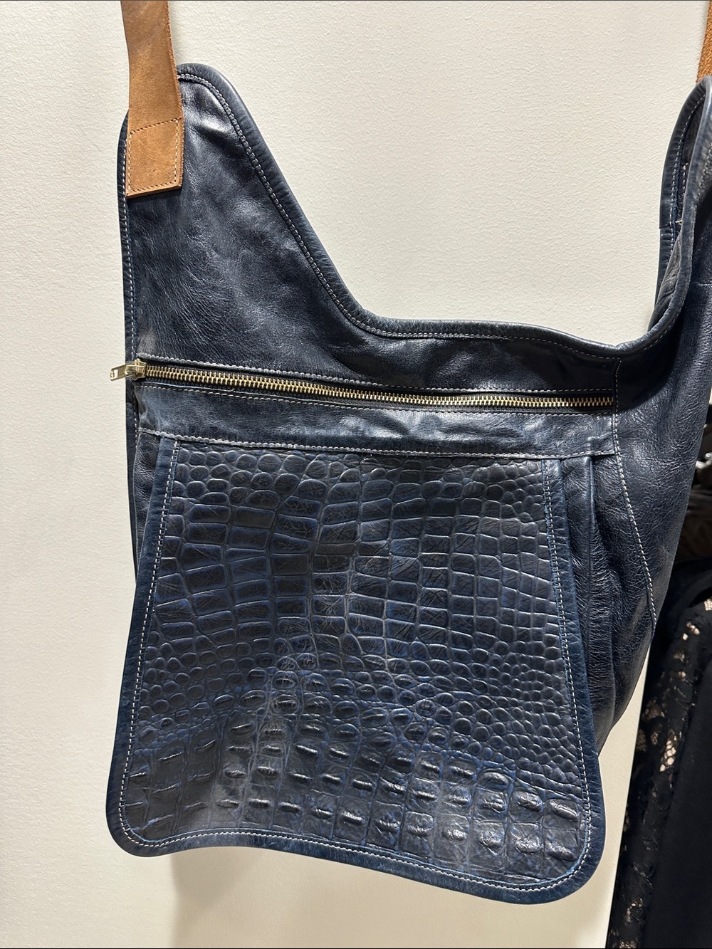 Navy Croc-Embossed Leather Shoulder Bag